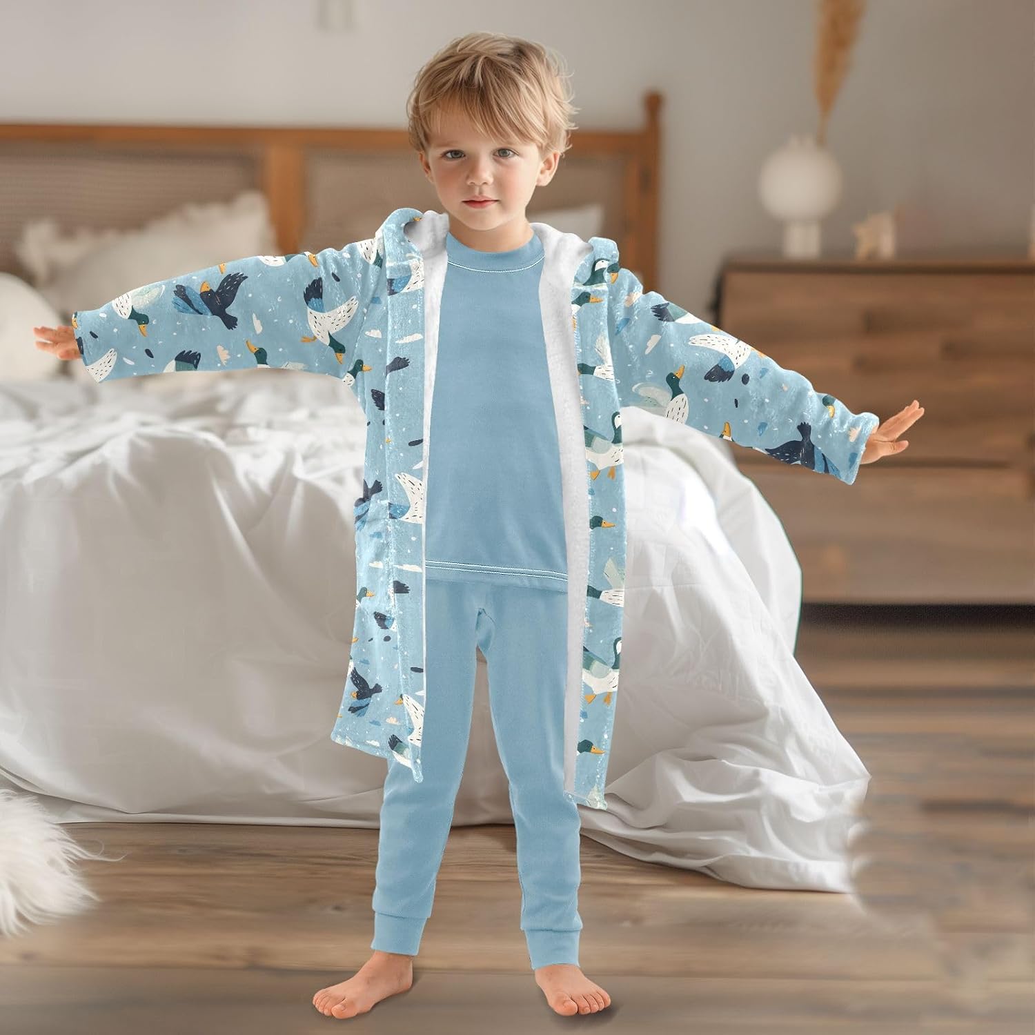 senya Flying Ducks Toddler Hooded Bathrobe Kids Soft Plush Bath Towel Robes for Boys Girls 2-12 Years