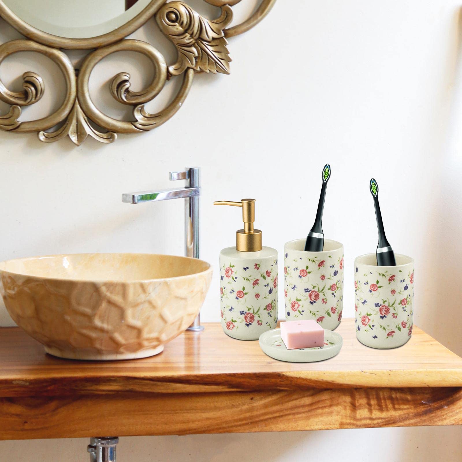 Ceramiczny zestaw akcesoriów łazienkowych premium, luksusowy uchwyt na szczoteczkę do zębów, dozownik balsamu do mydła (małe róże 4 szt.)