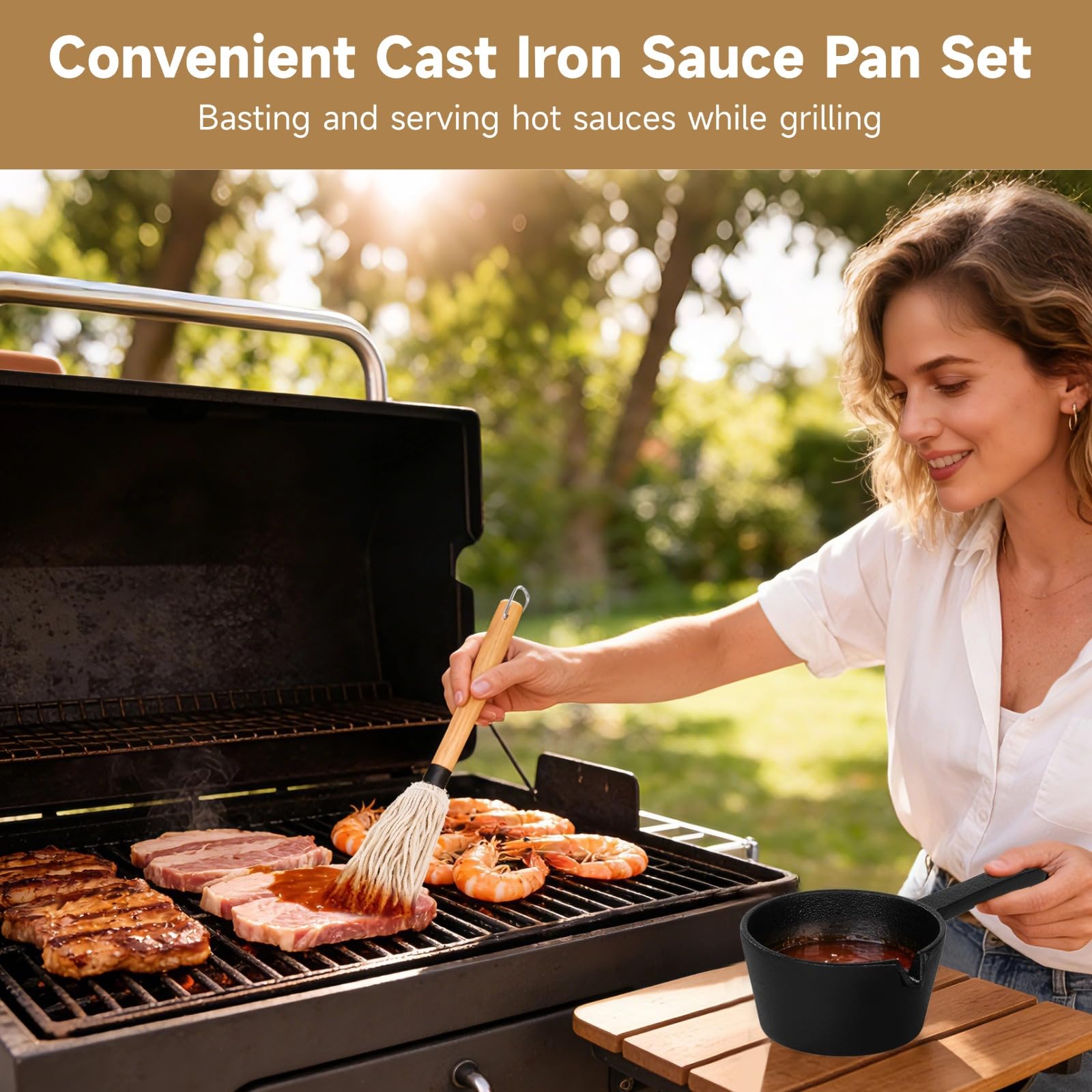 2 Pcs Cast Iron Basting Pot Set, 400 ml / 13.53 fl oz Deep Pan with Oil Spout & Wide Handle, Includes BBQ Mop Brush & Wooden Tea Brush for Outdoor Grilling — view 2