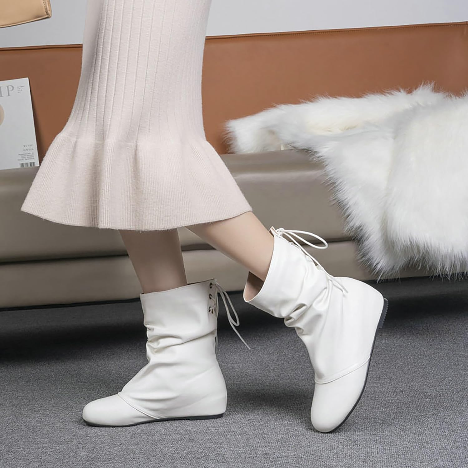 Helenbra Women's Pleated Lace Up Flat Mid Calf Boots,Fashion Soft Leather Low Hidden Wedge Boots Comfort Slip On Non-slip Classic Riding Booties Casual Fall Winter Walking Travel Shoes - Image 2