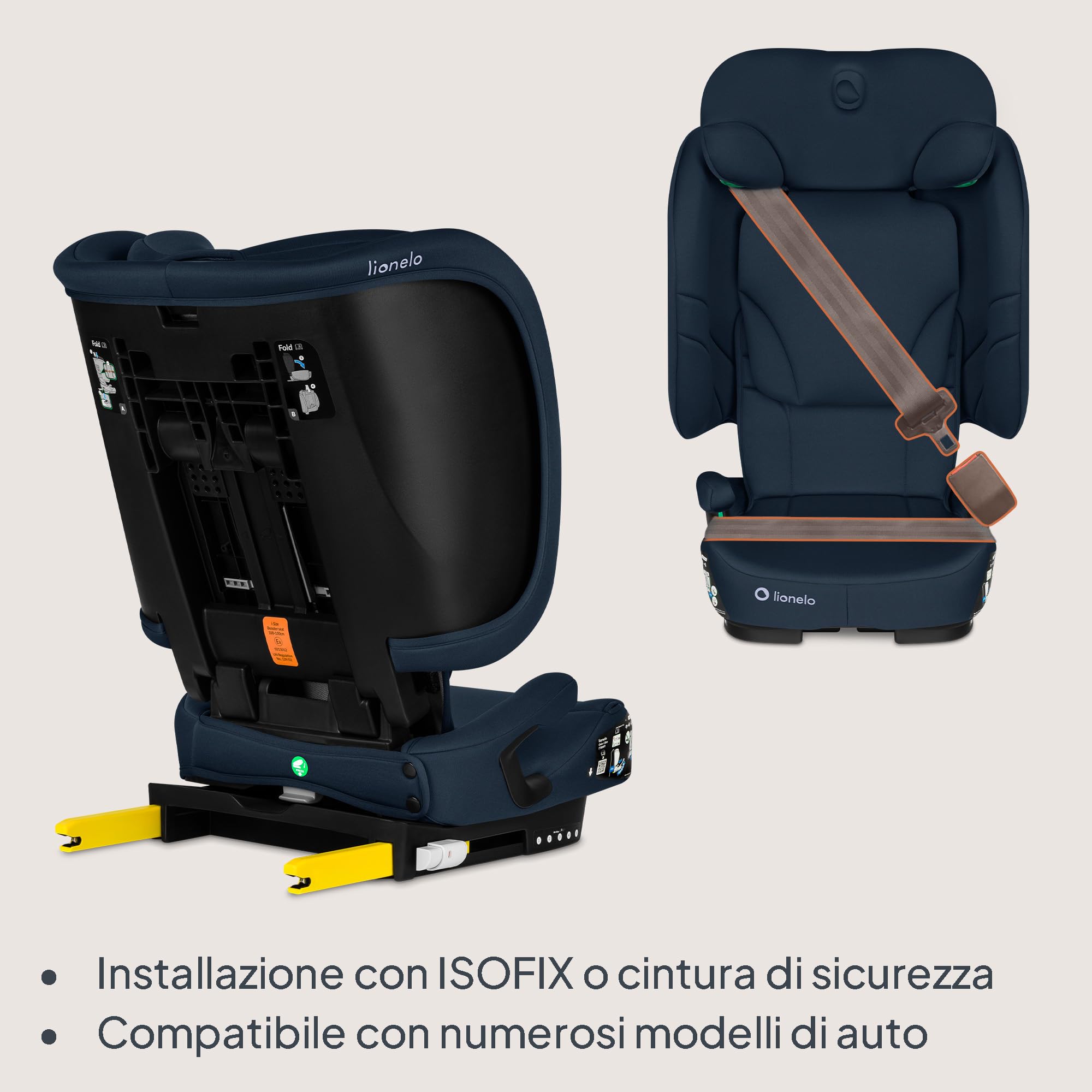 Lionelo Seggiolino Auto Pieghevole ORIN I-SIZE con ISOFIX per bambini 3,5-12 Anni, Reclinabile 4 Posizioni, Poggiatesta 14 Posizioni, Sfoderabile Lavabile, Borsa e Portabicchiere, i-Size 100-150 cm