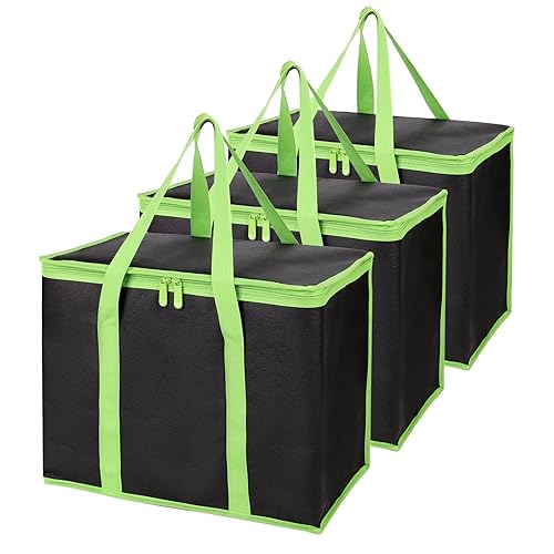 Bodaon Paquete de 3 bolsas aisladas para entrega de pizza, bolsas de compras reutilizables XL, color negro con borde verde