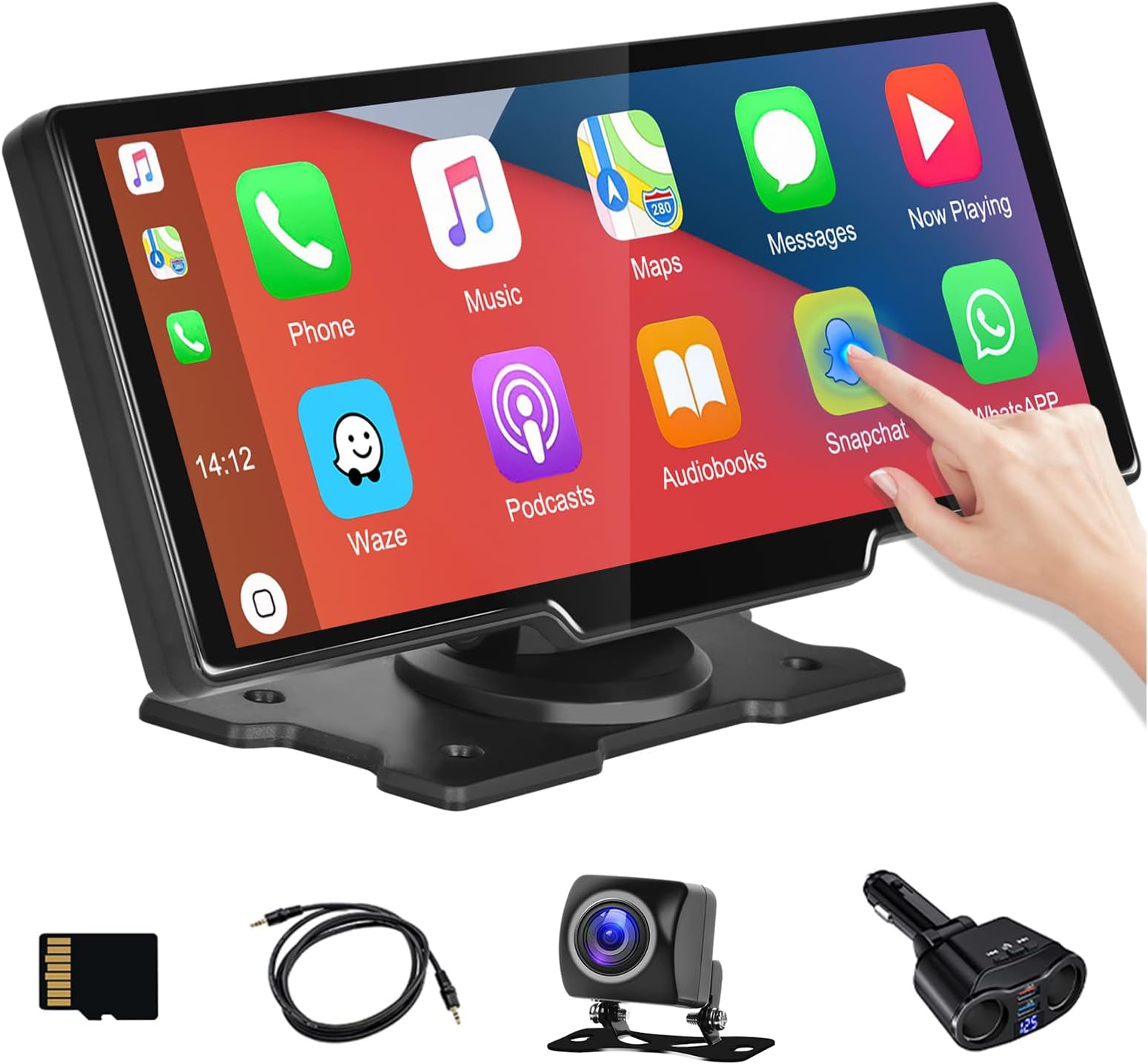 9.3" Wireless Portable Apple Carplay Screen Android Auto Bluetooth Car Stereo 4K Dash Cam 1080P Backup Camera Reversing Monitor Kit Mirror Link/DVR Loop Recording/Voice Control+Dual Head Power Adapter