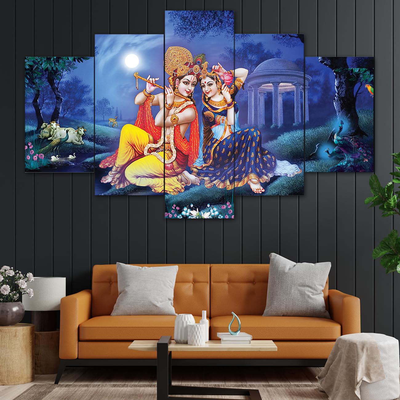 perpetual Radha Krishna Paintings for Wall Decoration - Set Of Five, 3d Scenery Vastu Wall Painting for Living Room Large Size with Frames for Home Decoration, Hotel, Office (75 CM X 43 CM) RKET