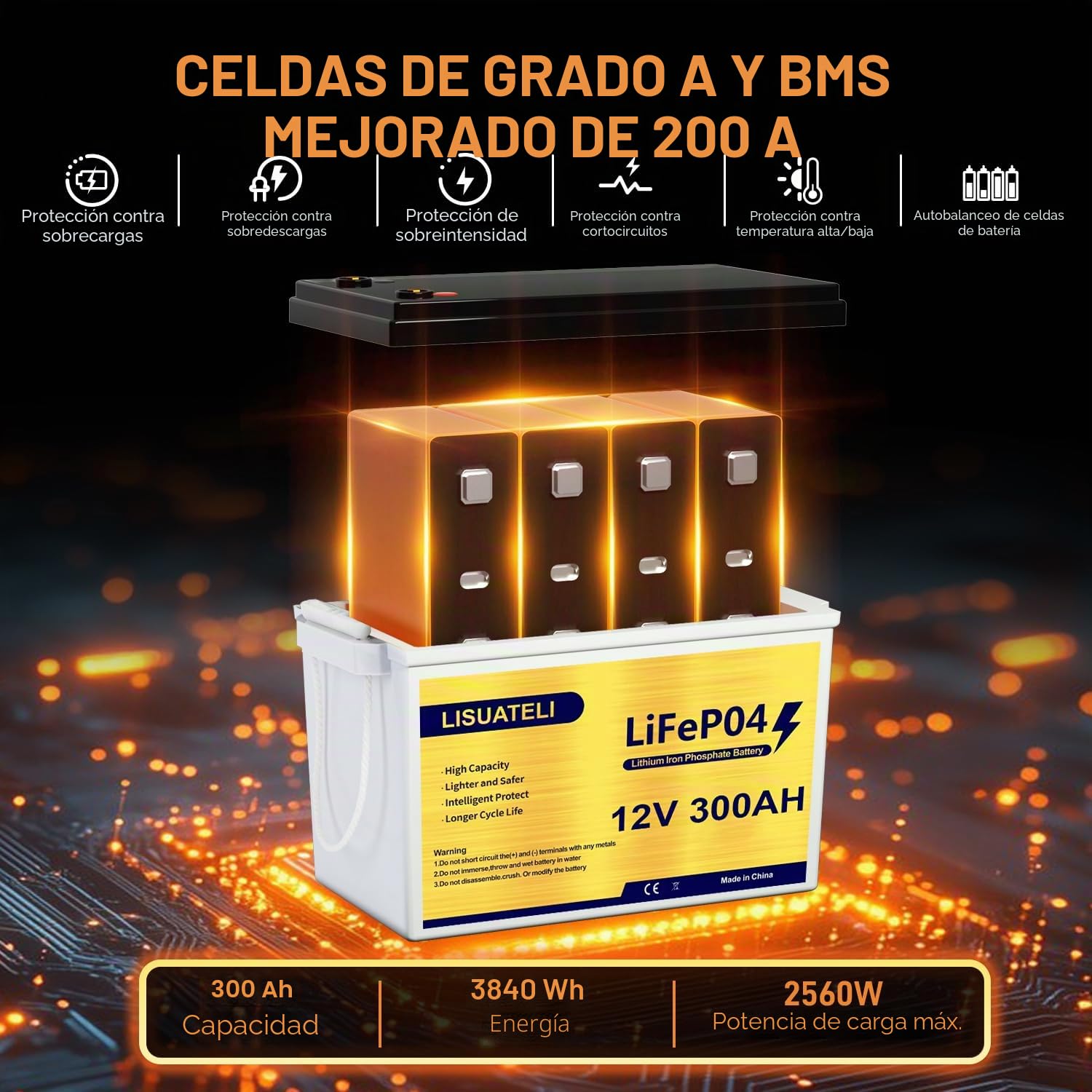Batería LiFePO4 de 12 V 300 Ah con BMS de 200 A integrado, 15 000+ ciclos de ciclo profundo, batería de litio con potencia máxima de 3840 W, compatible con conexión en serie/paralelo, perfecta para