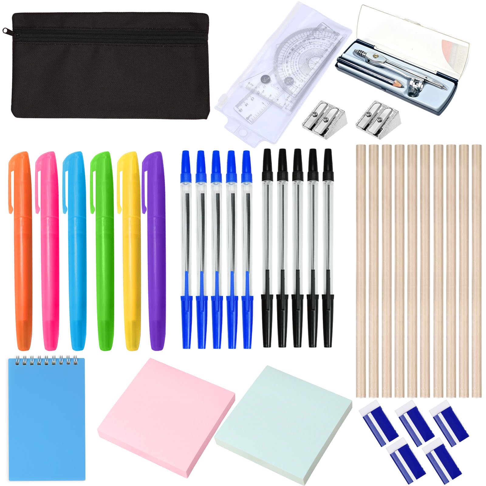 42 Pcs Back to School Stationery Set with Pencil Case Black Protractor