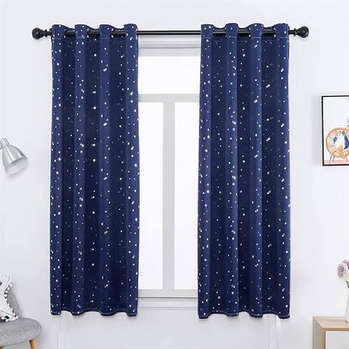 Cortinas opacas plateadas para sala de estar, cortinas de dormitorio de niños y niñas, cortinas de tul blanco para ventana de ventana azul estrella