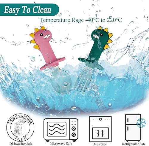 Miniatura 9 de Utensilios para niños, juegos de tenedores y cucharas para bebés, cubiertos para niños con mango de silicona, cucharas de dinosaurio para niños