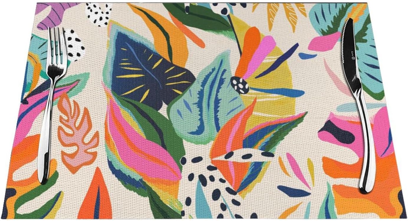 Colorful Flower Placemats,Abstract Bright Flower Blossom Botanical Print Table Place Table Mat for Table Kitchen Dining Party Indoor Outdoor Hotel, 12x18 in Set of 6