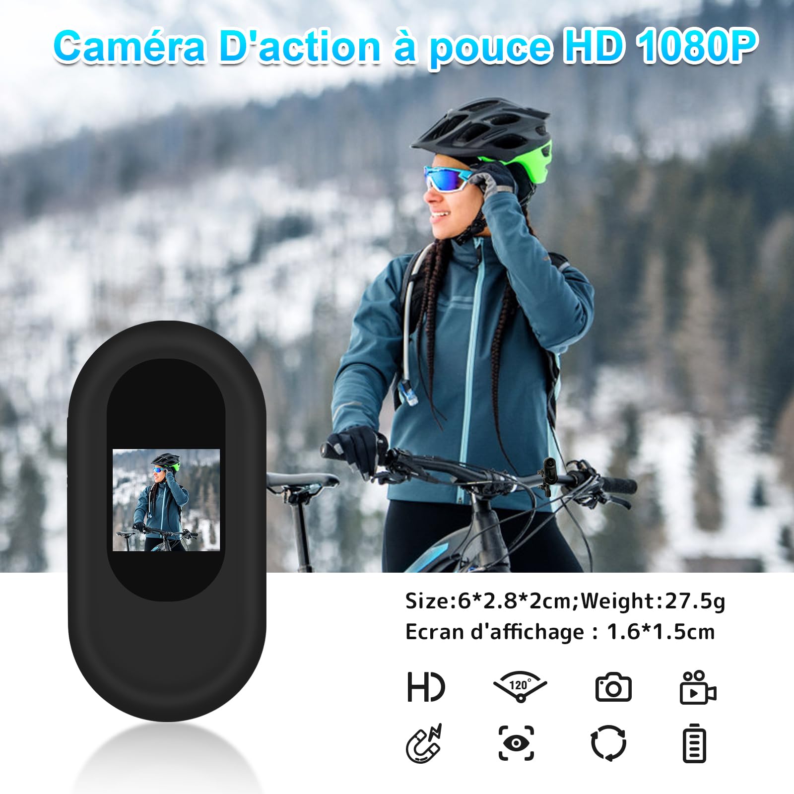 LXMIMI Mini Caméra d'action, Caméra pour Casque de Moto 120° avec Écran de 0,59 Pouces, Caméra d'action avec Vision Nocturne Automatique pour Motos, Vélos et Casques (Noir)