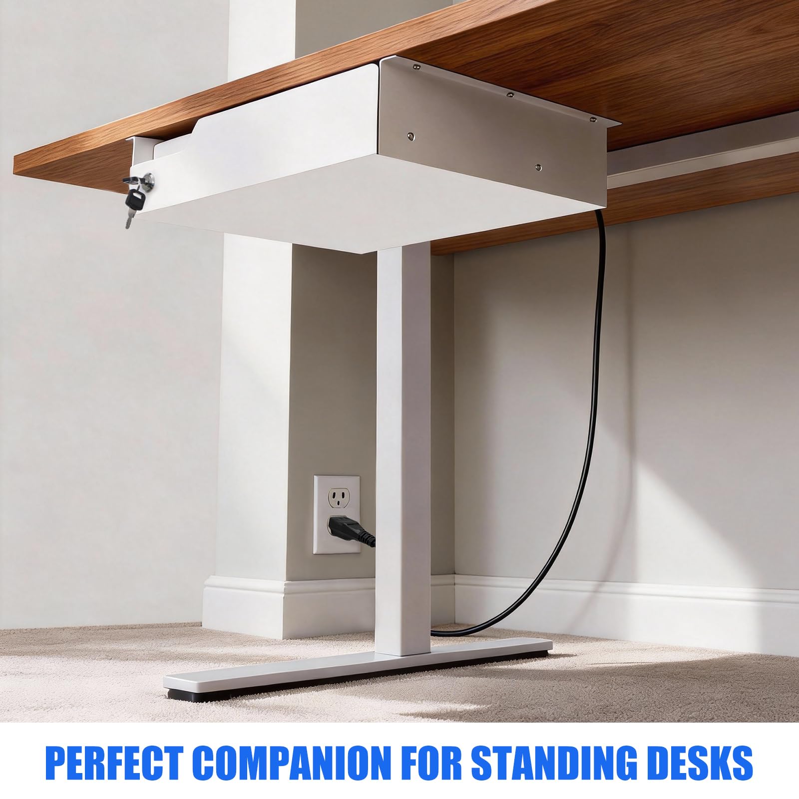 Cassetto portaoggetti sotto scrivania con serratura, cassetto da tavolo in metallo, cuscinetto a sfera, organizer per carta, matite e laptop, 40,6 x 30 x 9,1 cm, bianco con striscia di