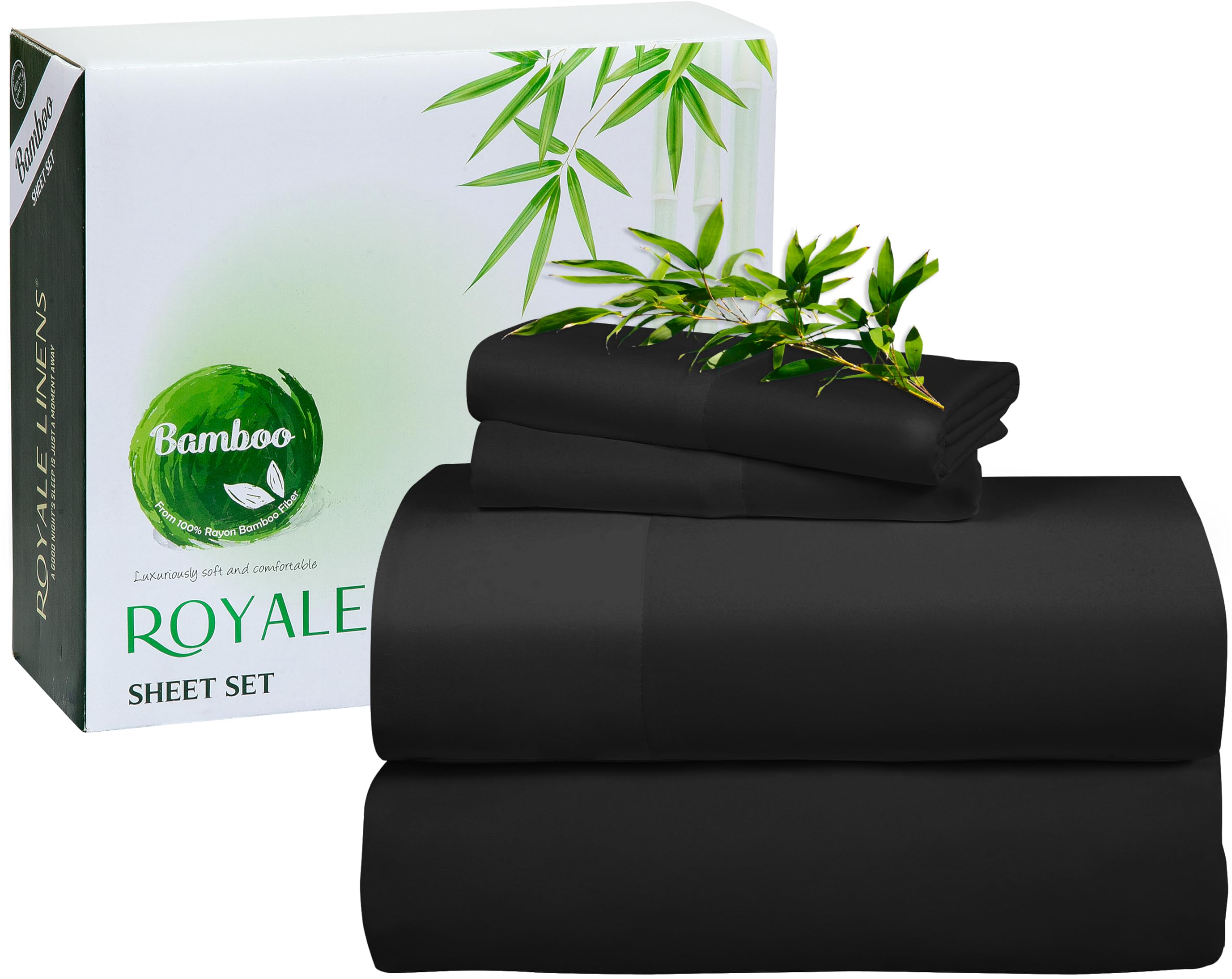 Royale Linen Bamboo Viscose Queen Sheet Set - Cooling Bed Sheet Set - 1 Fitted, 1 Flat &amp; 2 Pillowcase - Fits Up to 16" - Organic Viscose Derived from Bamboo - Bedding Sheet &amp; Pillowcase (Queen, Black)
