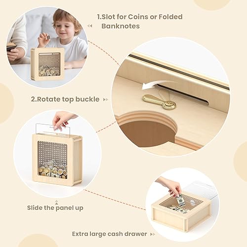 Miniatura 4 de Wooden Piggy Bank for Kids and Adults, 10000 Cash Vault Money Savings Box with Tracker Stickers, Personalized Coin Bank Gifts Card Box, for Birthday