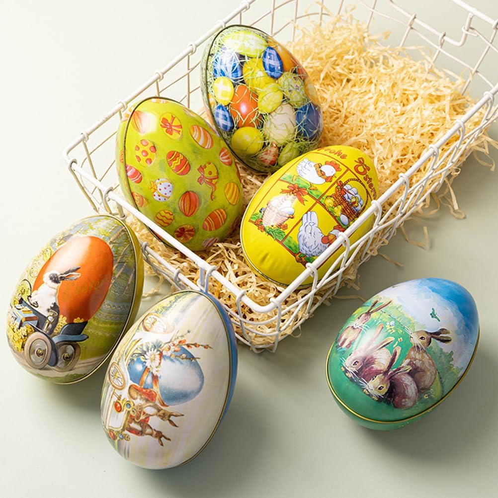 QianShi 6pcs Easter Egg Tin Box Metal Vintage Easter Bunny Candy Boxes Tinplate Storage Box Bakery Treat Boxes Cookie Container Tin Easter Tier Tray Decor Holiday Party Decorations Favors