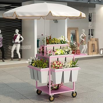 Outdoor Flower Display Stand, Mobile Metal Flower Cart Decorative Garden Planter ,Farmers Market Stall Stand Retail Booth Kiosk Ladder Shaped Plant Stand, with Sunshade and 18 Pieces Flower bucket