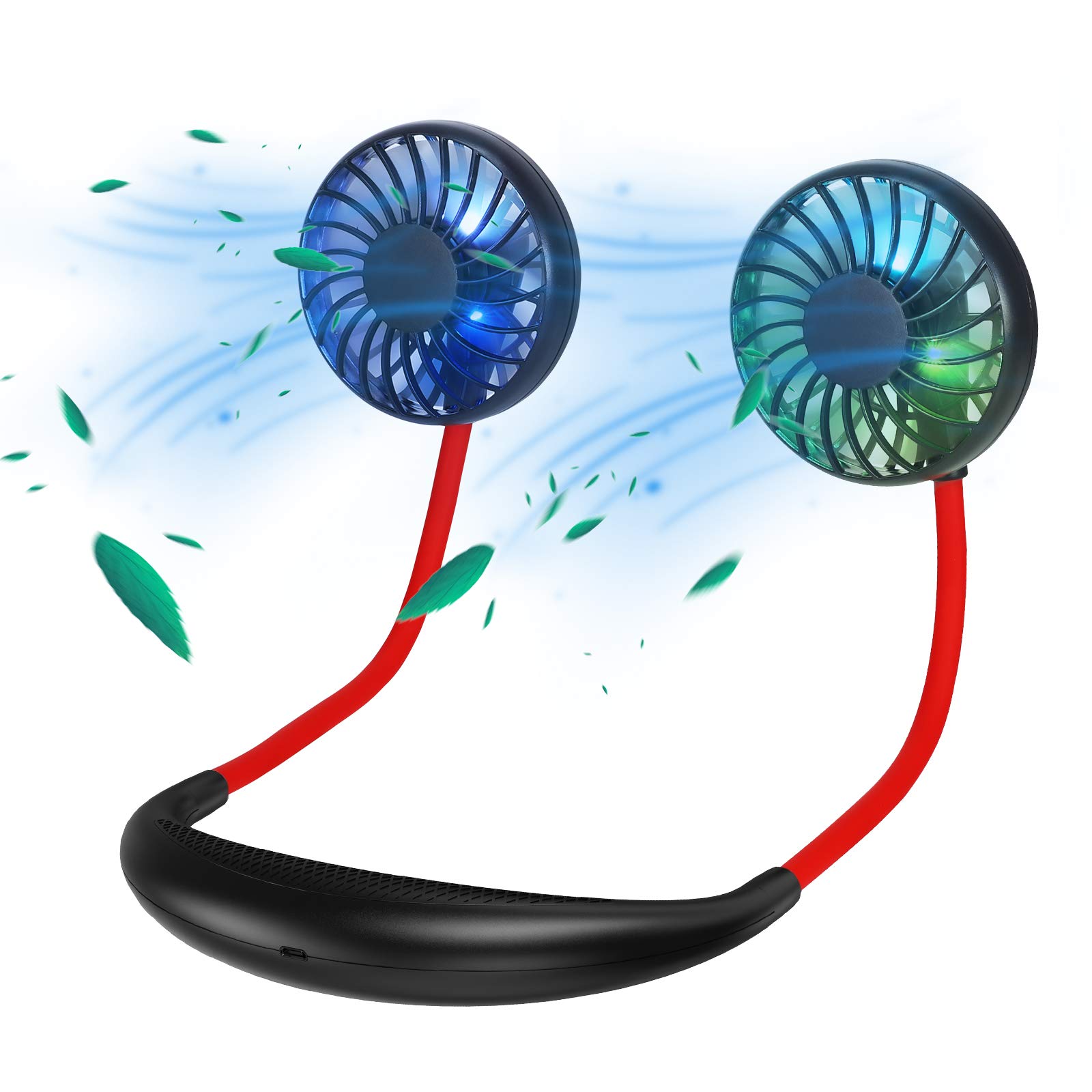 GIM 6.5-17 Hours Rechargeable USB Portable Hanging Neck Personal Sports Fan with 3 Level Air Flow 7 LED lights (Black, Red)