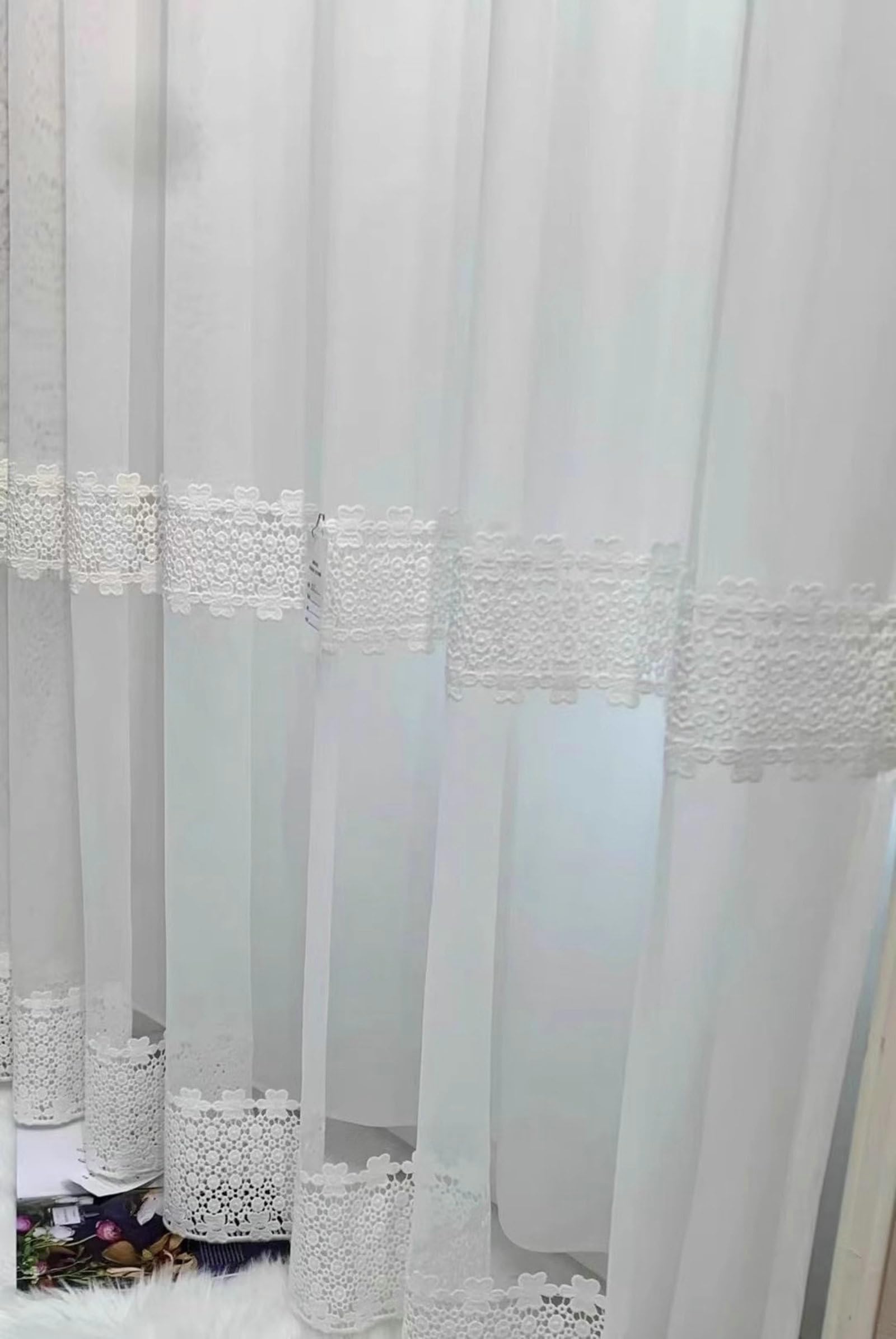 Rideau Fenêtre Salon, 107x244cm Fleurs en Dentelle brodées Rideaux filtrant la lumière pour Le Salon de la Chambre en Polyester Coton, Blanc