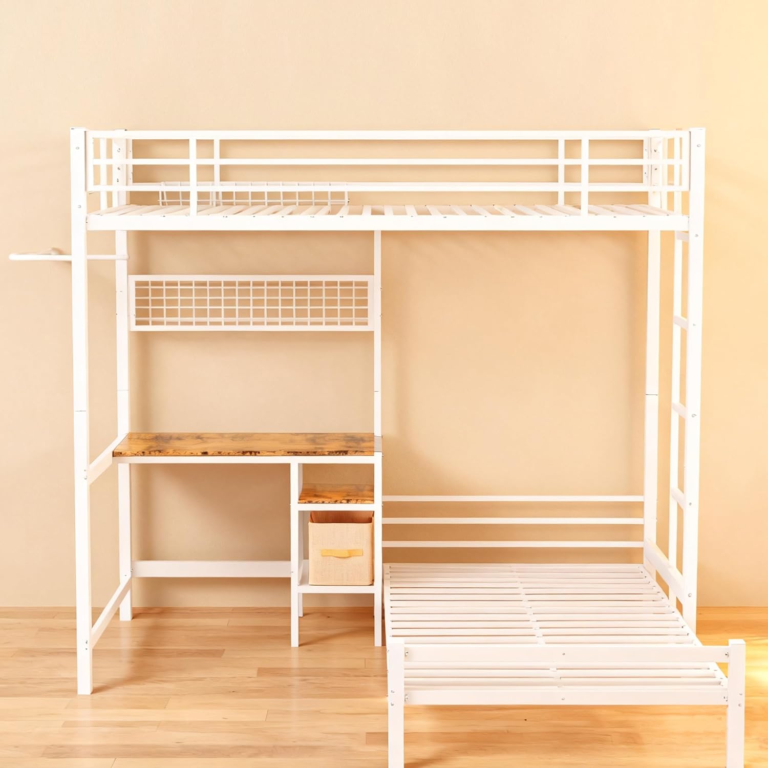Bunk Beds Twin Over Twin with Desk, Heavy Duty Metal Bunk Bed Frame with Shelves, Space Saving Design for Bedroom, Twin Bunk Bed with High Guardrails and Ladder for Teen or Adult (White)