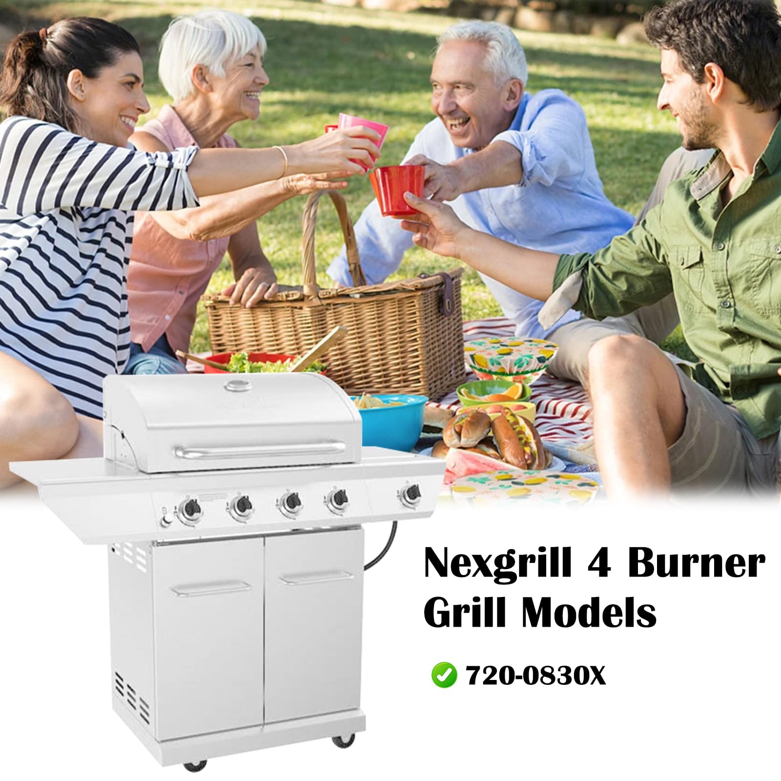 Grill Drip Pan Kits for Nexgrill 720-0830X Replacement Parts, Adjustable Grease Tray with Catch Pan, Cooking Grid Grates, Heat Plates Flame Tamer, Burner and Igniters for Nexgrill 4 Burner 720-0830X.