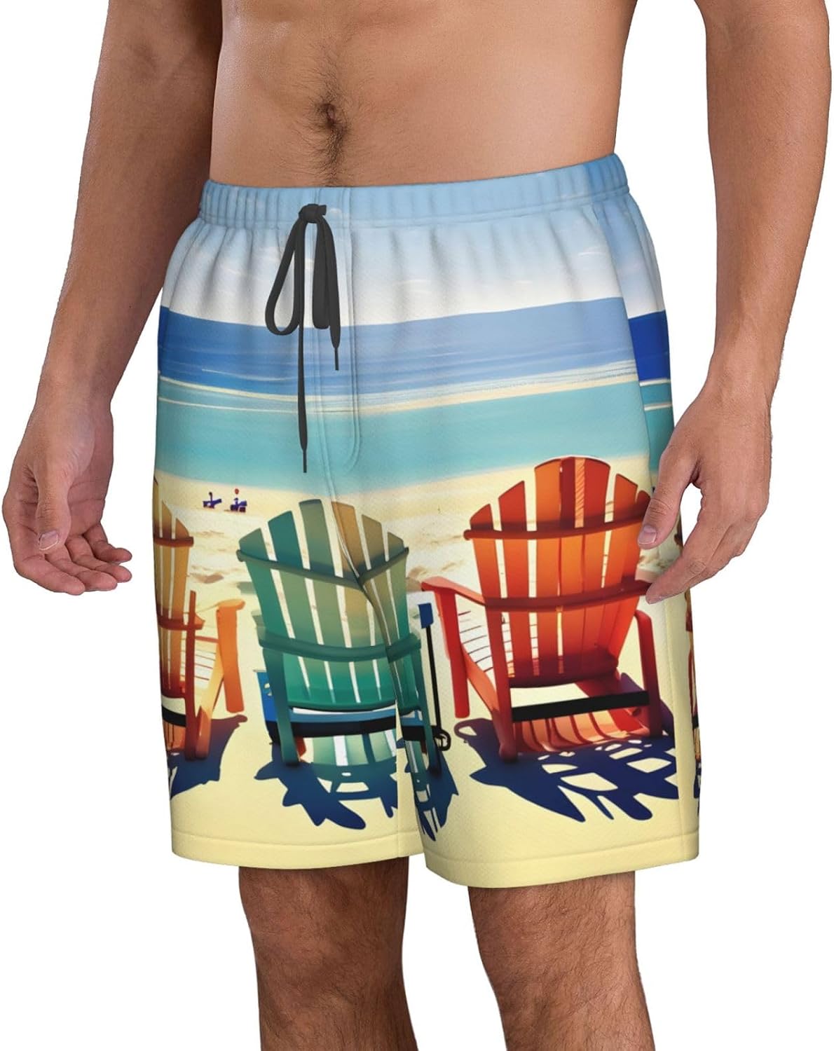 WURTON Beach Scene with Chairs Print Men's Swim Trunks Quick Dry Beach Shorts with Pockets Lining Swimwear Bathing Shorts