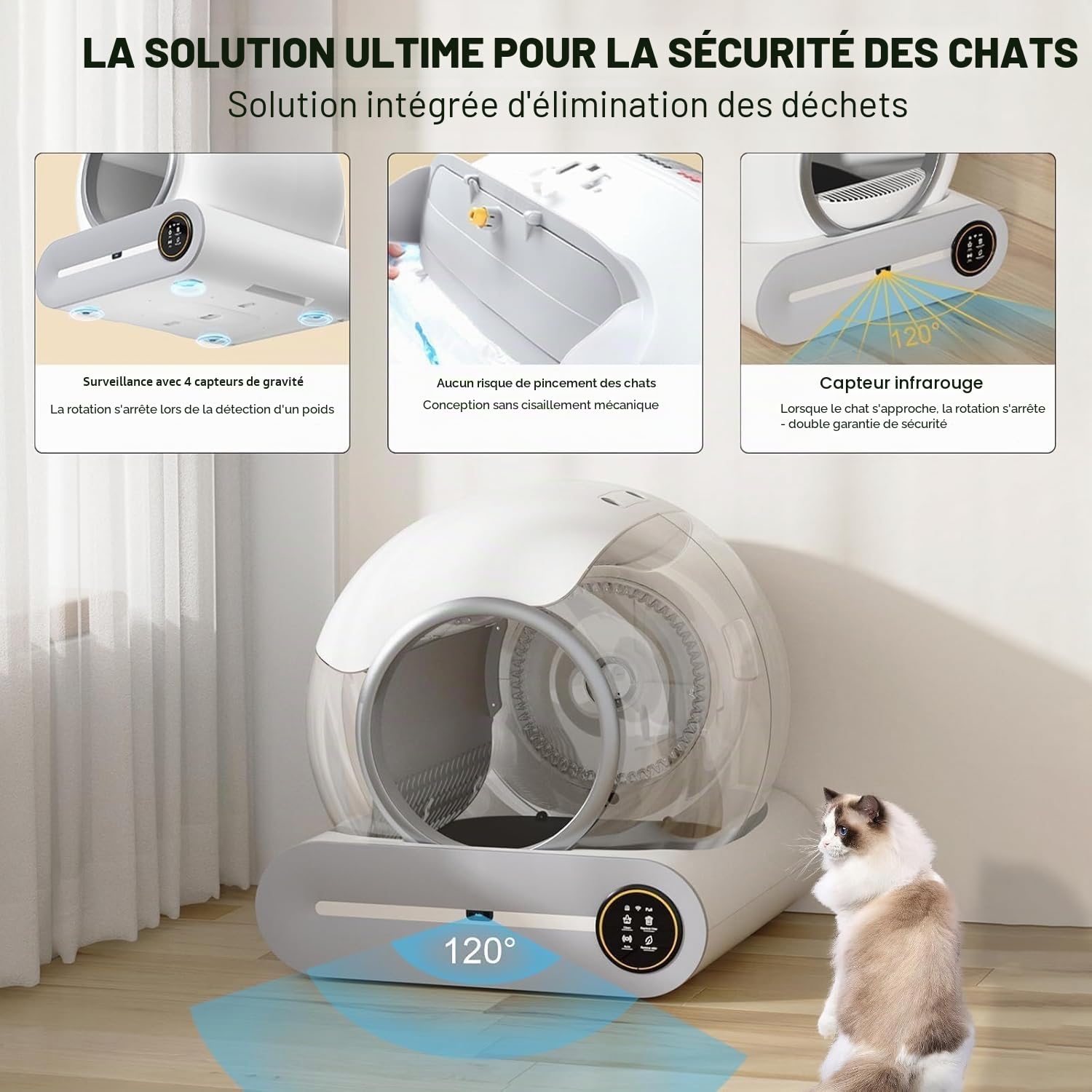 Litière Chat Automatique XXL Autonettoyante, Fermée, Anti-Odeur,Silencieuse | Litière chat autonettoyante XXL : multicapteurs sécurité, ions anti-odeurs, réservoir 65L+9L, entrée 15cm, application TUYA
