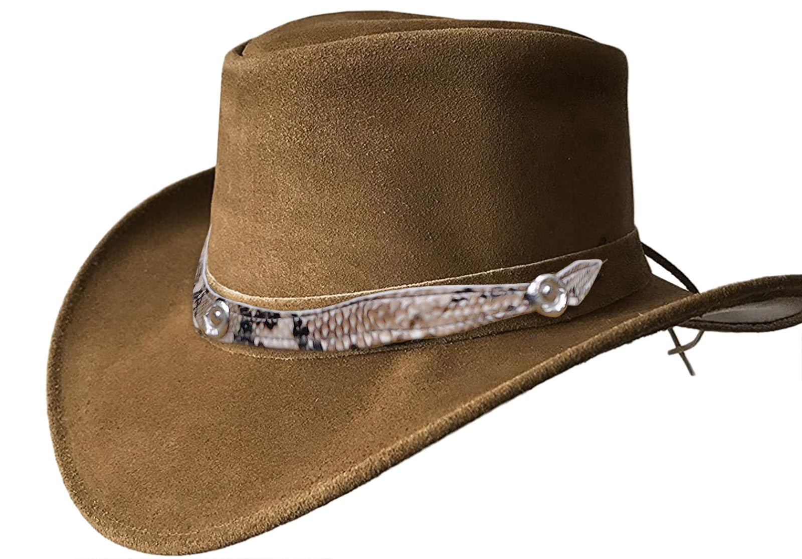 Cappello Cowboy In Pelle Scamosciata Vera - Stile Australiano Outback Con Cordino - Foto 9