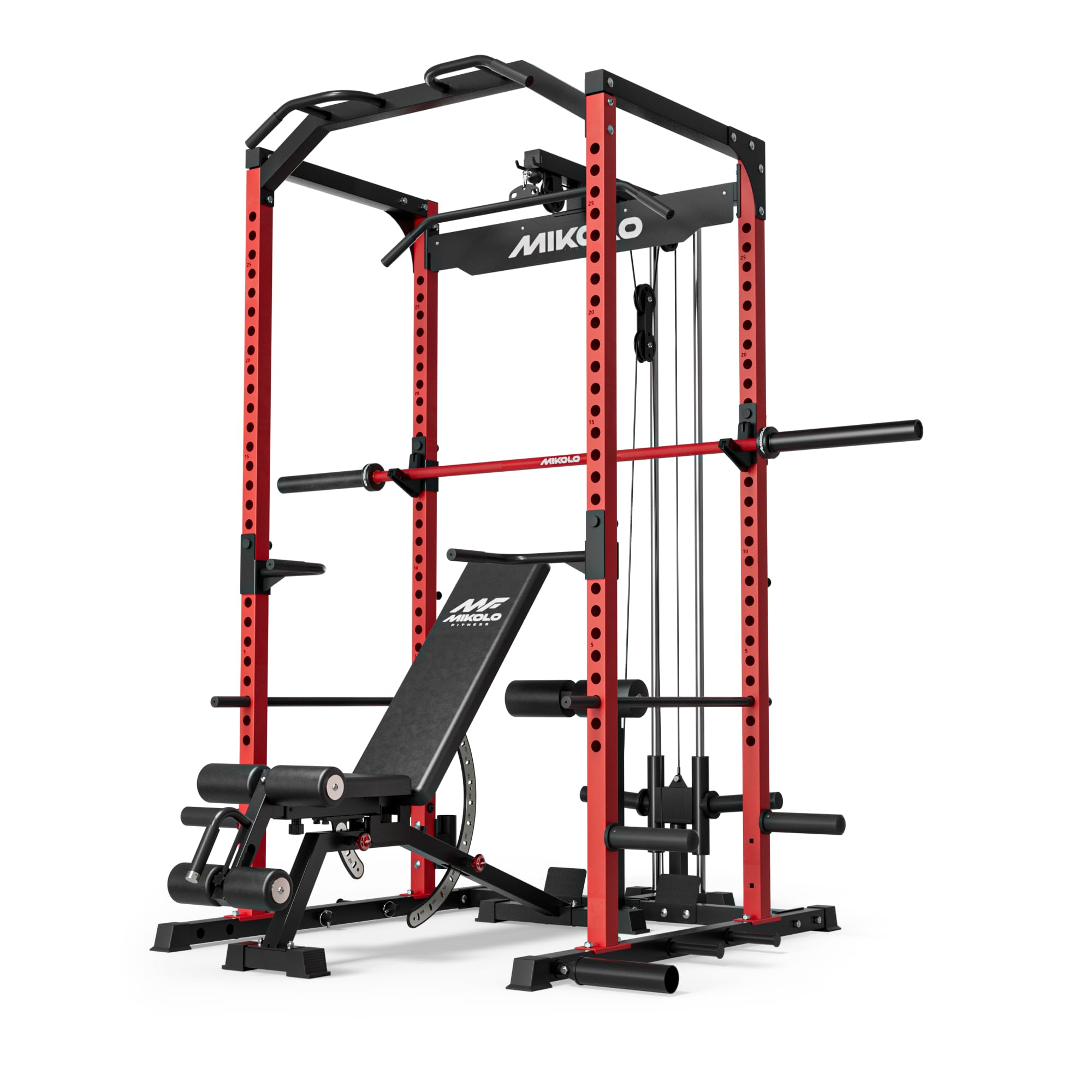 Mikolo F4 2.0 Power Cage with Dual-Track Smooth Pulley System, 1200LBS Power Rack with Leg Hold-Down for Heavy LAT Pulldowns (Red, F4 2.0 Package)