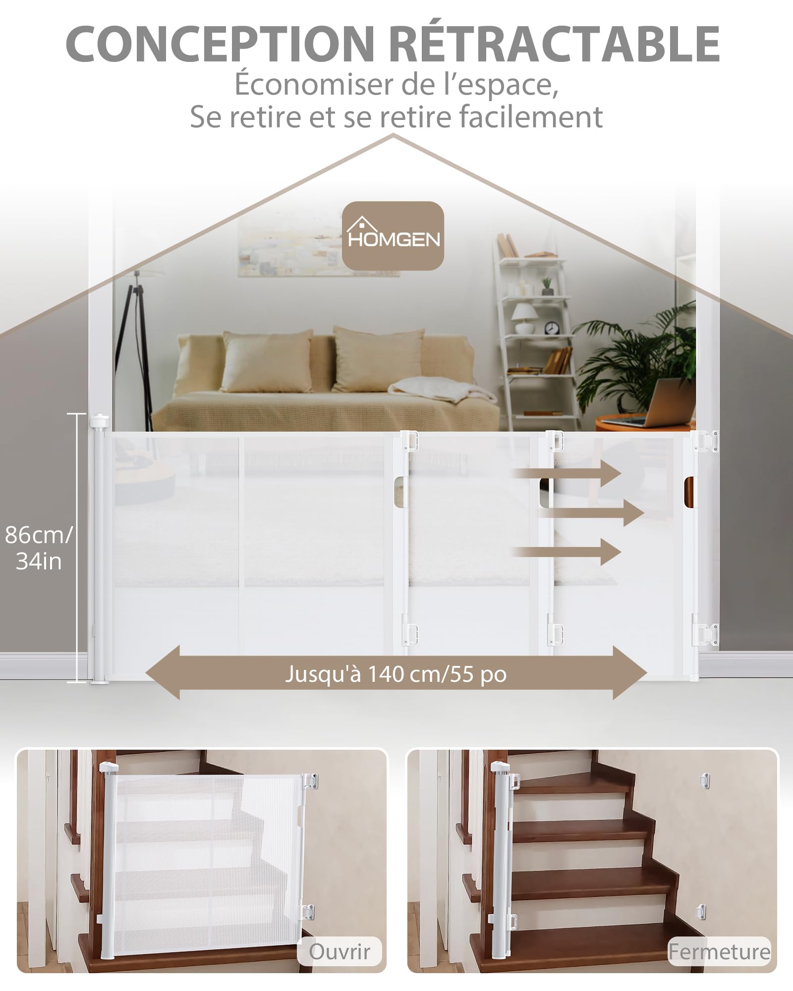 HOMGEN Barrière de Sécurité Pour Bébés Chiens Rétractables Durables 0-140 cm de Large Hauteur 86cm Facile à Installer Porte d’escalier Rétractable Porte Rétractable en PVC Porte pour la maison (Blanc)