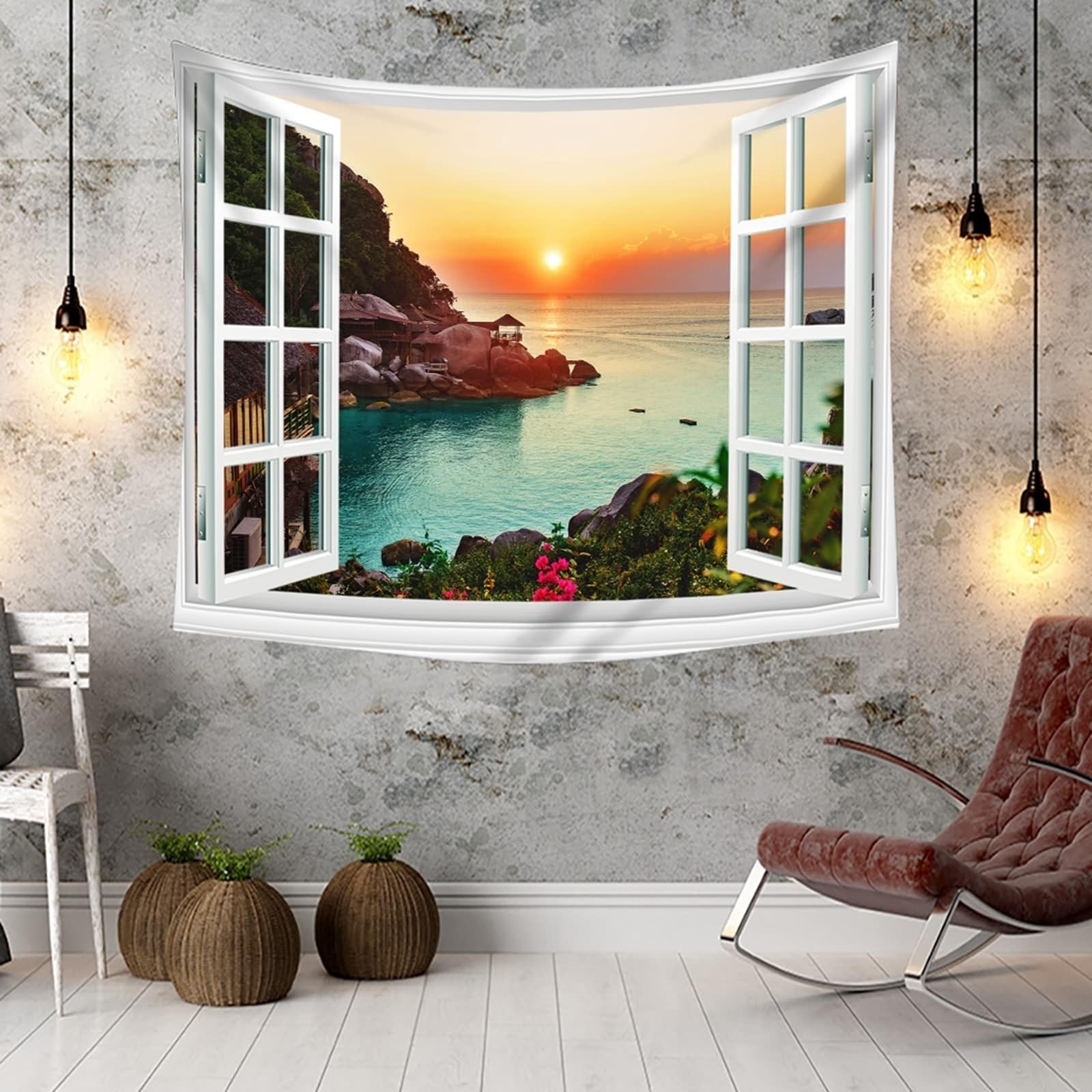 Tapiz de pared Papel pintado verde liso tapiz de pared Ocean Orange Puesta de sol en la playa de la ventana de la playa 200 x 200 cm (Ancho x Alto)