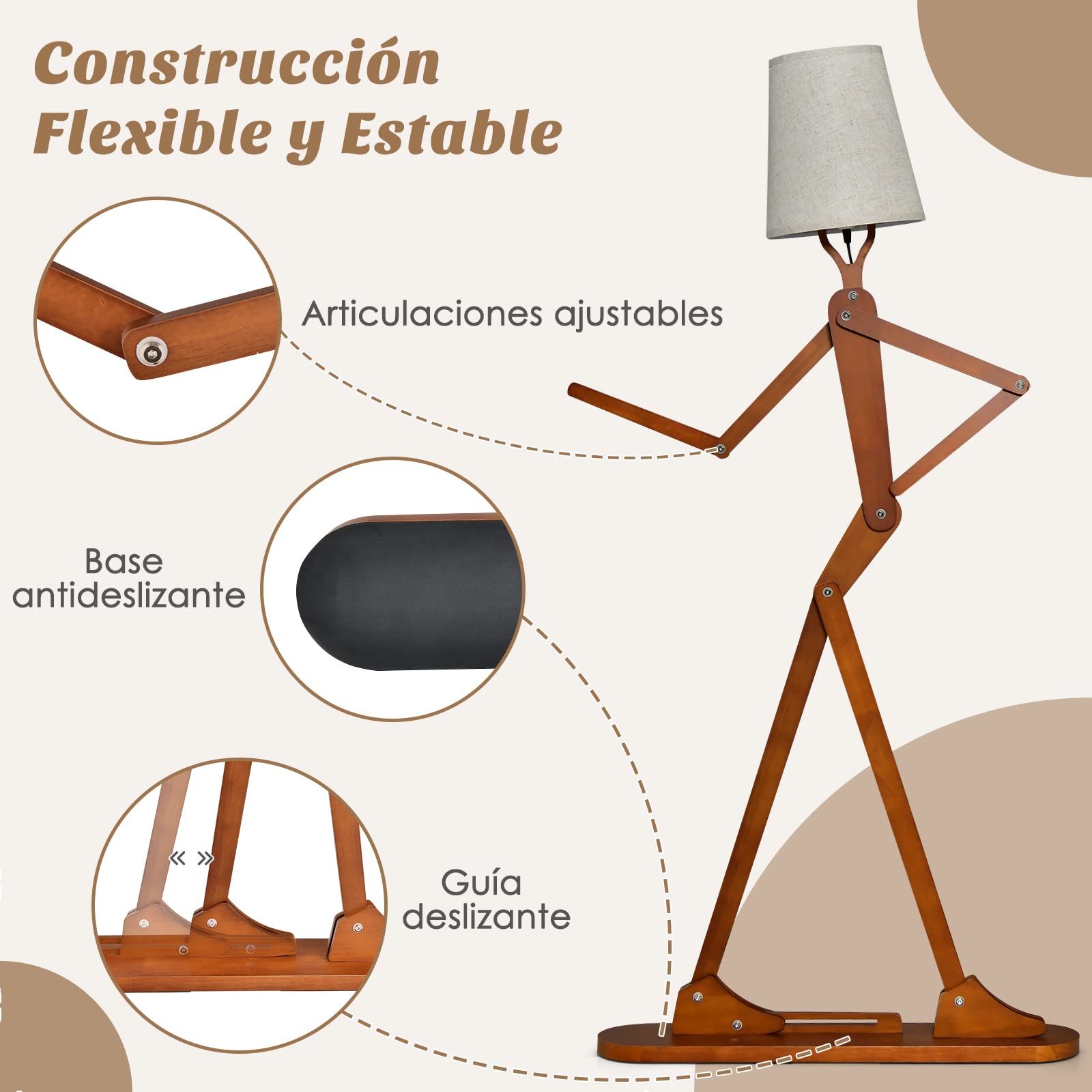 COSTWAY Lámpara de Pie Madera, Forma Creativa humanoide, Articulaciones Ajustables, Lámpara de Salón, Dormitorio, Max.40W