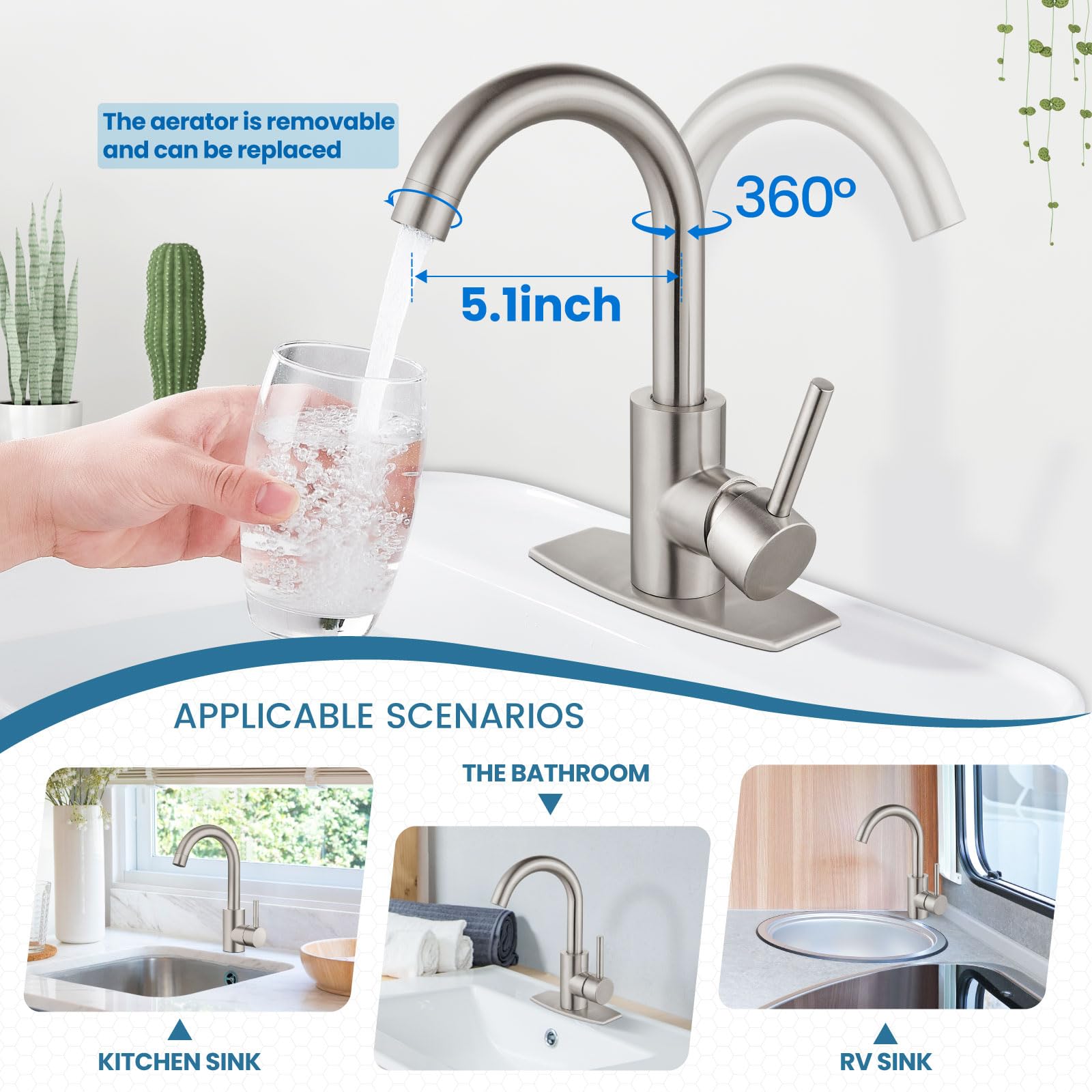 Airuida Wasserhahn Gebürstetes Gold – Einloch-Mischbatterie Mit Pop-Up Ablauf, 360° Schwenkbar