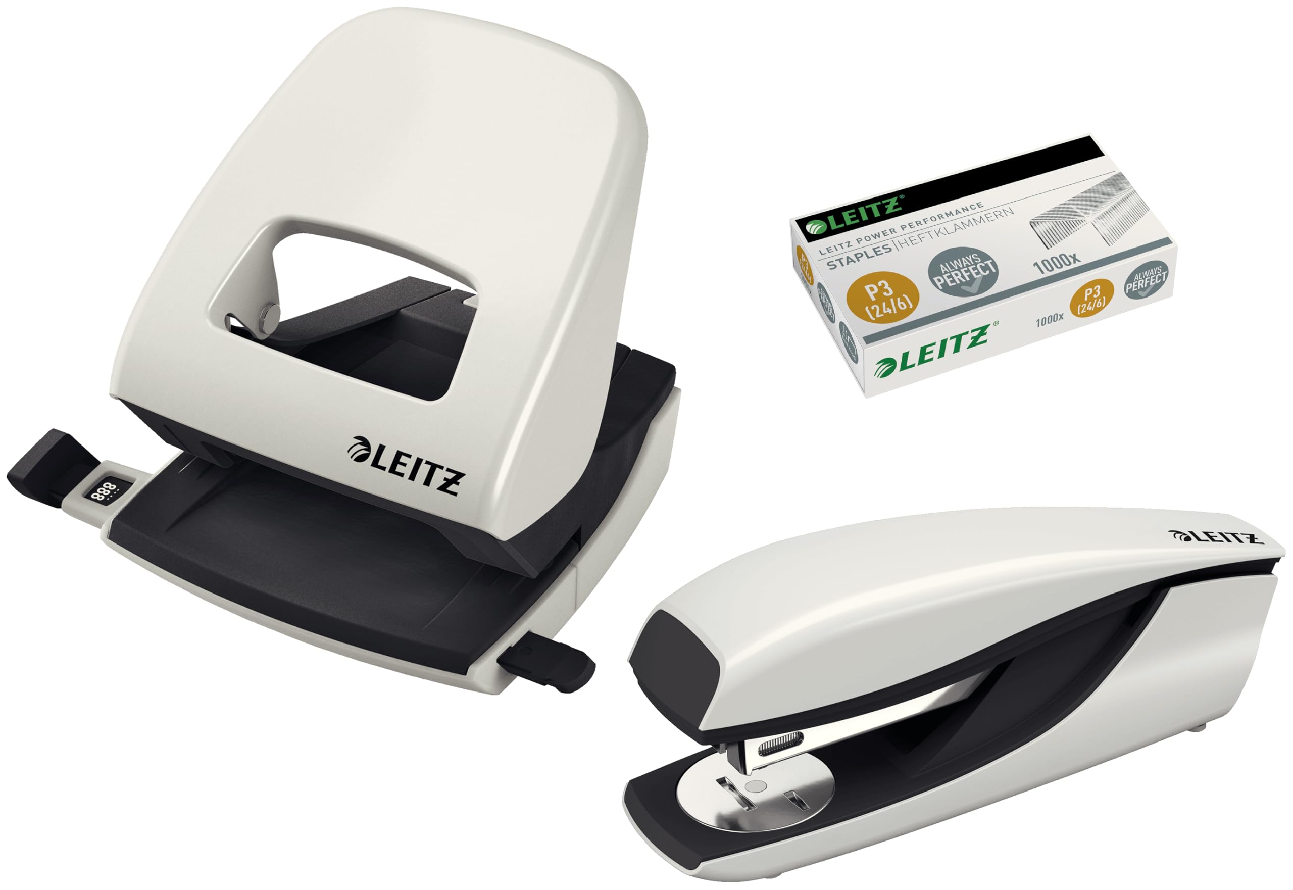 Leitz Büro Locher aus Metall, Für 30 Blatt, Anschlagschiene mit Formatangaben, Die Nummer 1 am Markt, Ergonomisches Design (Grau, Komplett-Set)