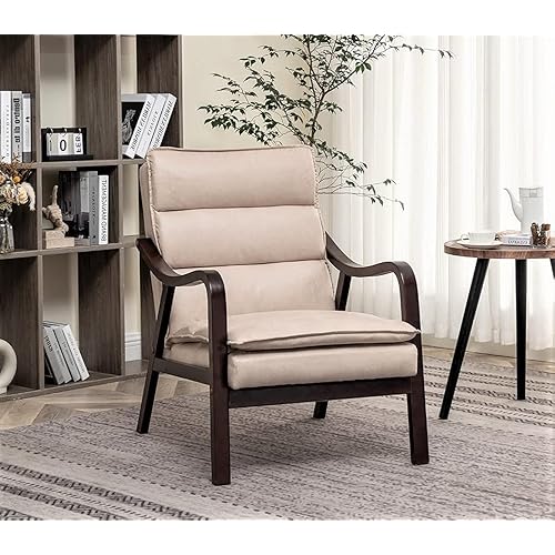 Container Furniture Direct Mid Century Modern Accent Chair for Living Room, Bedroom or Office, Retro-Styled Armchair with Solid Wood Frame and Plush Cushioning, Spotted Microfiber, Light Camel