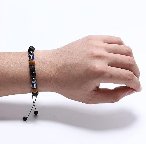 Miniatura 5 de Pulsera contra el mal de ojo para hombre, pulsera de protección múltiple, obsidiana y ojo de tigre, piedra volcánica de hematita, alivia el estrés,