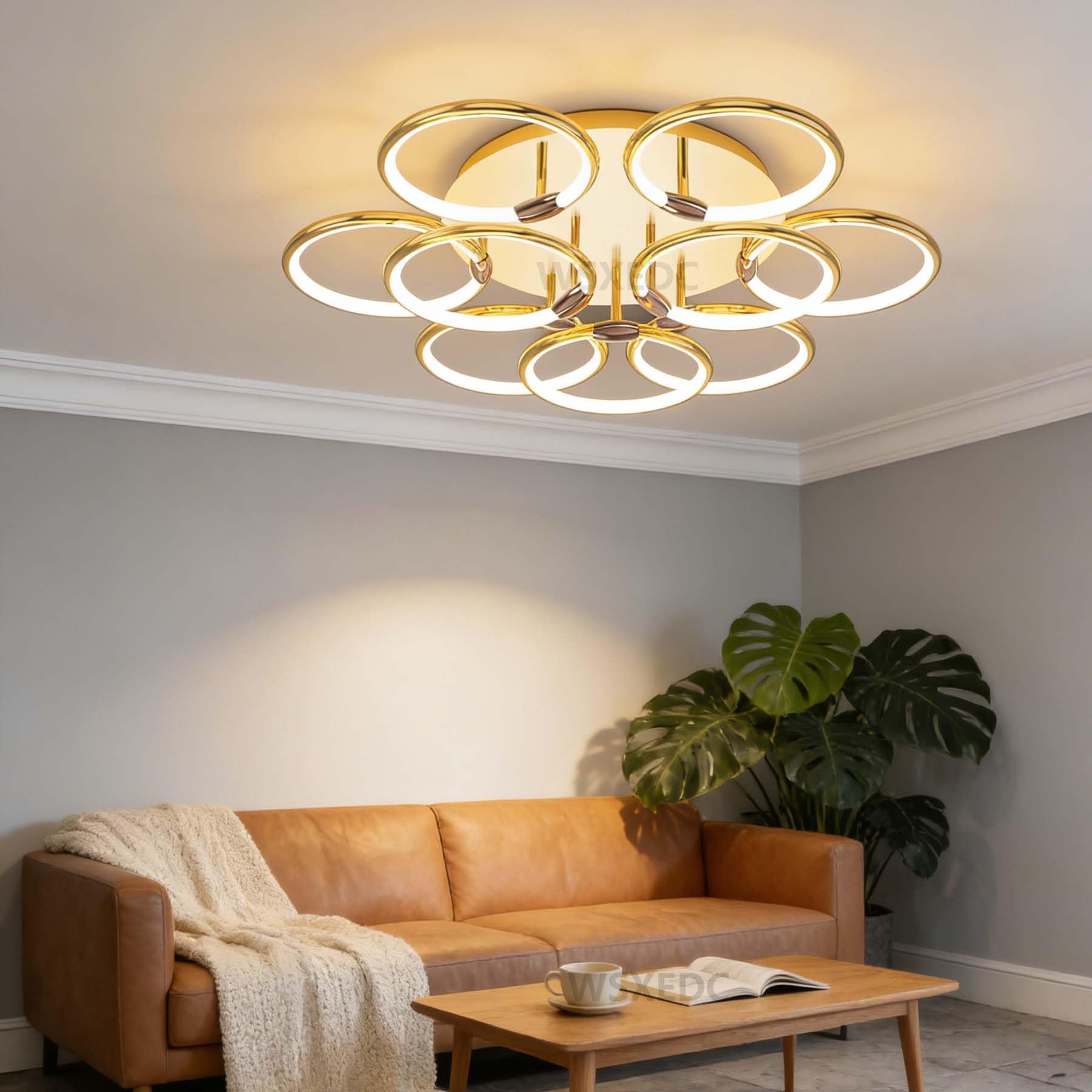 WSXEDC LED Ceiling Lamp 9ring Gold DIY Ceiling Light Ø80cm Living Room Lamp 70W Modern Dimmable LED Bedroom Ceiling Light for Living Room Office Dining Room Teenager's Room Bedroom