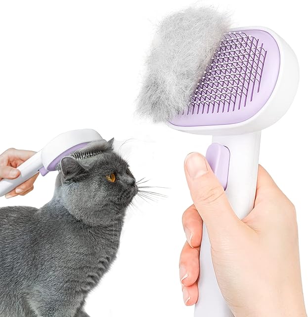 Aumuca Cat Brush, Self Cleaning Cat Grooming Brush with Stable Thicker Bristles, Slicker Dog Brush to Remove Loose Fur, Tangles & Dirt, Great for Long and Short Haired Cats & Dogs(Purple)