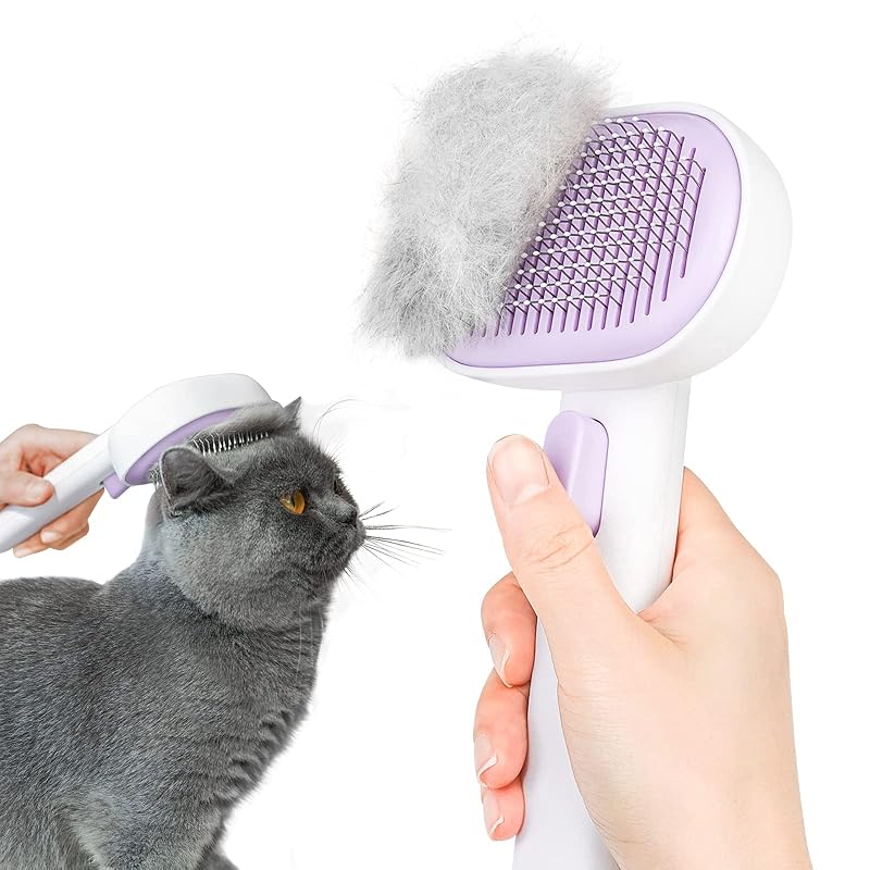Escova autolimpante para gatos e cães Aumuca com cerdas anguladas Roxa – 1 unidade