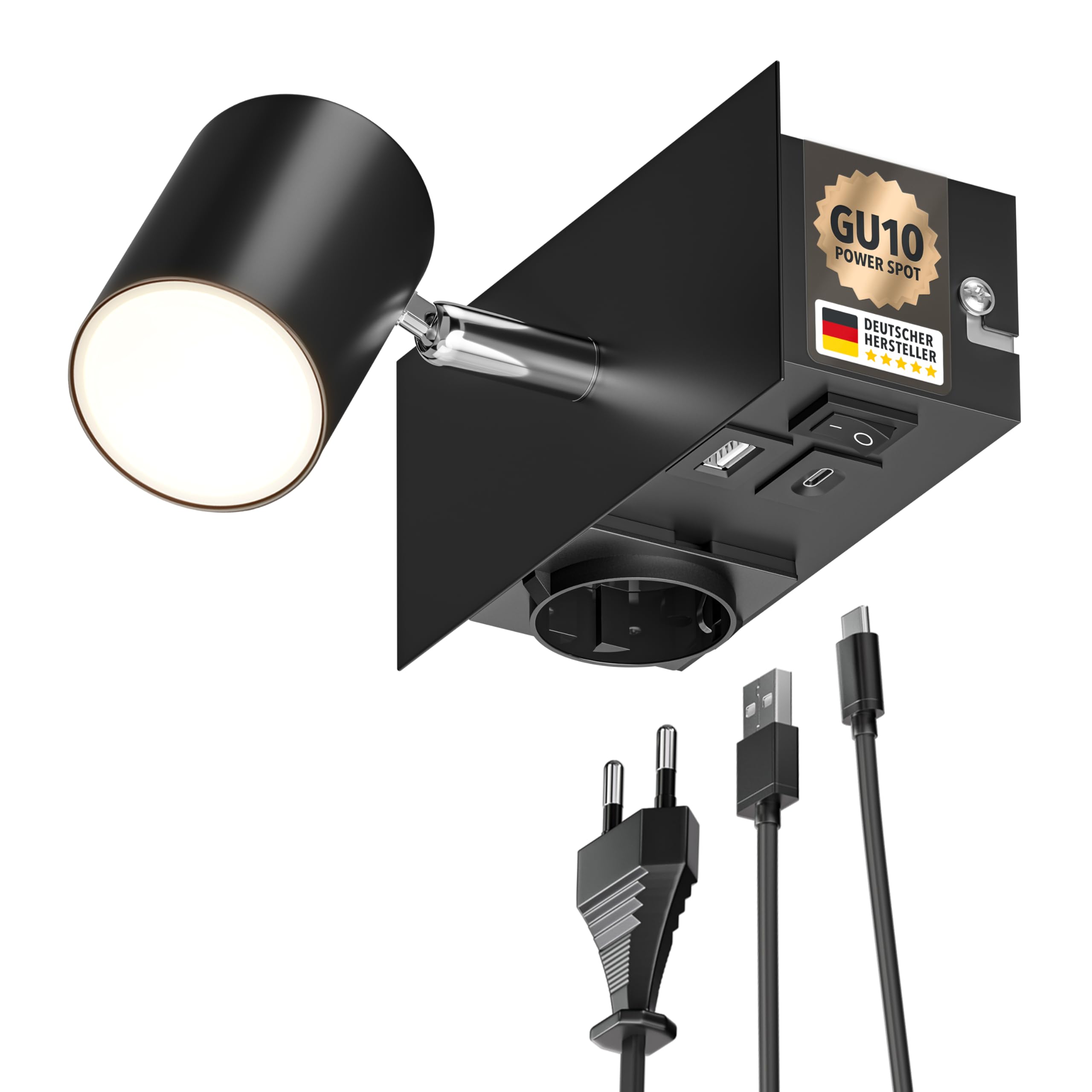 ledscom.de Wandleuchte WAIKA, 1-flammig, Schalter, schwarz, 1 Steckdose, USB-C, USB-A, 1x GU10 max. 15W