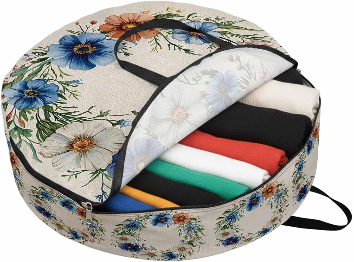 Spring Plant Round Storage Bag 36 Inch, White Blue Circle Flower Linen Texture Clothes Storage Container with Handles Heavy Duty Organizer for Comforter, Bedding & Holiday Wreaths