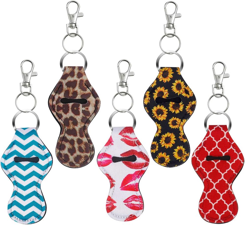 Chapstick Holder Keychain,10 Pack Lipstick Holder Keychains with 10 Metal Clip Cords Different Vibrant Prints Neoprene Lip Blam Keychains,Lightweight Portable Pouch