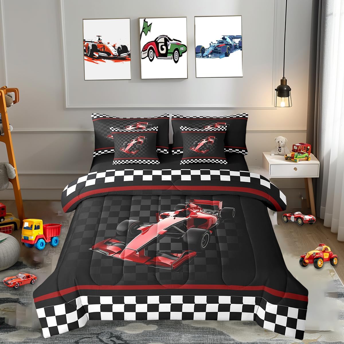 3D Red Formula Car Comforter Set 7 Pieces Reversible,Cool Racing Car Bed Set,Racing Speed Sport Bedding Soft Microfiber,Queen (1 Comforter,2 Pillowcase,2 Pillow Covers,1 Flat Sheet,1 Fitted Sheet)