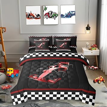 3D Red Formula Car Comforter Set 7 Pieces Reversible,Cool Racing Car Bed Set,Racing Speed Sport Bedding Soft Microfiber,Queen 1 Comforter,2 Pillowcase,2 Pillow Covers,1 Flat Sheet,1 Fitted Sheet