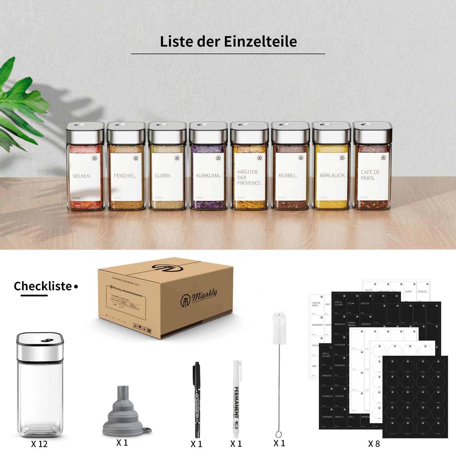 Miorkly Kruidenpotjes, vierkant, met strooiinzetstuk, 6 stuks, glazen kruidenstrooier, 120 ml, kruidenpotjes, set kruidenpotjes met draaibaar deksel met etiket, kruidenpotje, AN222, A.6 stuks