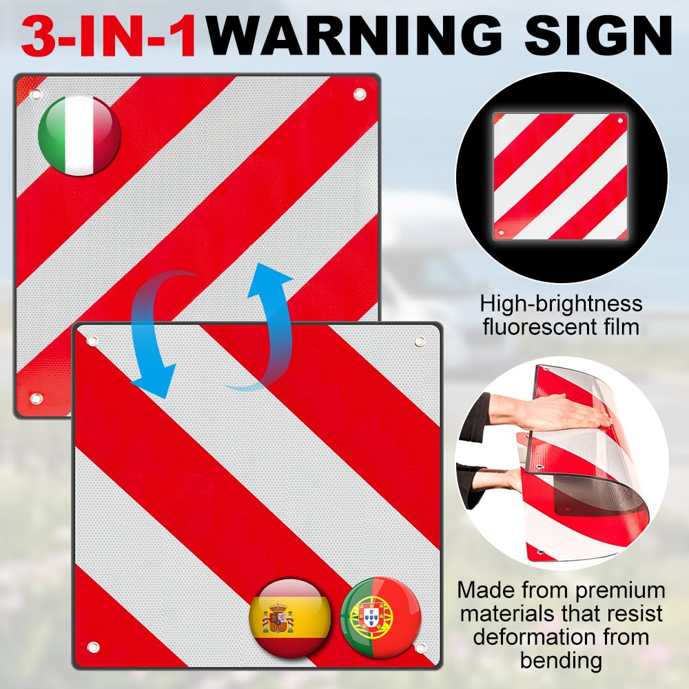Warntafel Fahrradträger, 2 in 1 Aluminium Warntafel Italien und Spanien mit 4 Spannseilen, 50x50cm Rot Weiß Reflektierendes Warnschild Italien für Fahrradträger Heckanhänger Wohnmobil Auto Anhänge
