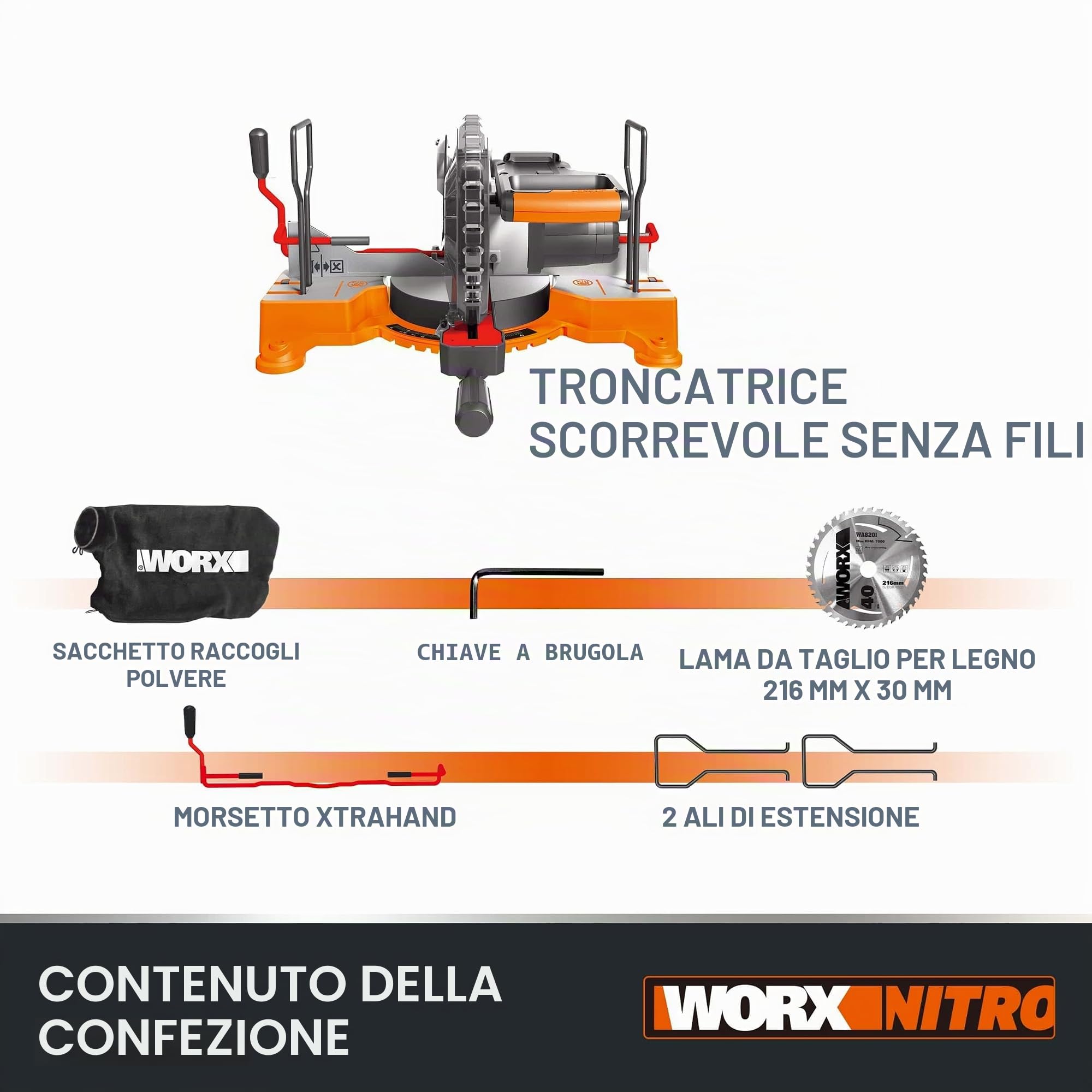 WORX WX845.9 Troncatrice scorrevole,220mm, senza batteria e caricabatterie