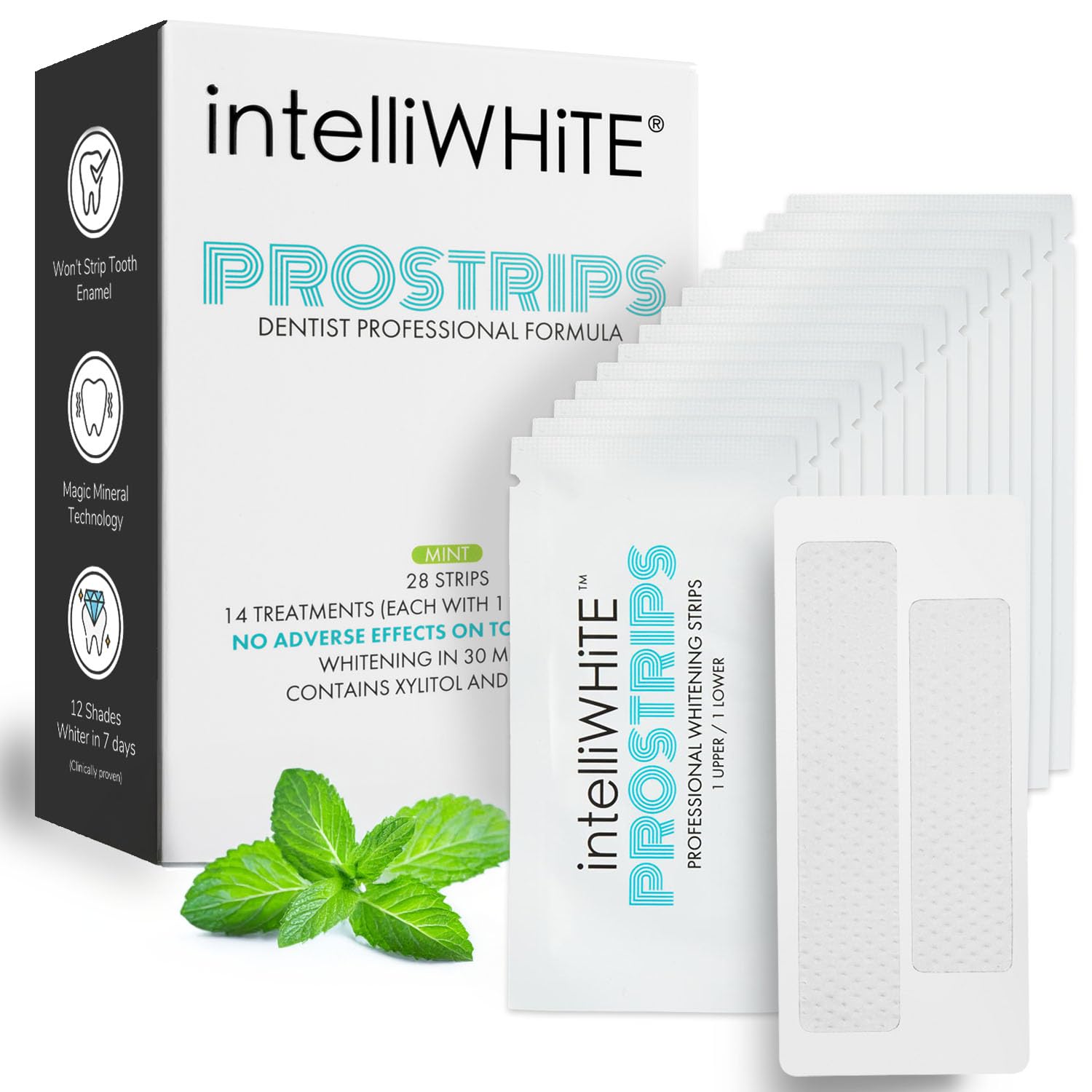 ProStrips Teeth Whitening Strips, Whitens Up to 12 Shades, Enamel-Safe Gentle Remineralizing Formula, Dentist Formulated for Sensitive Teeth, (28pk Mint Flavor)