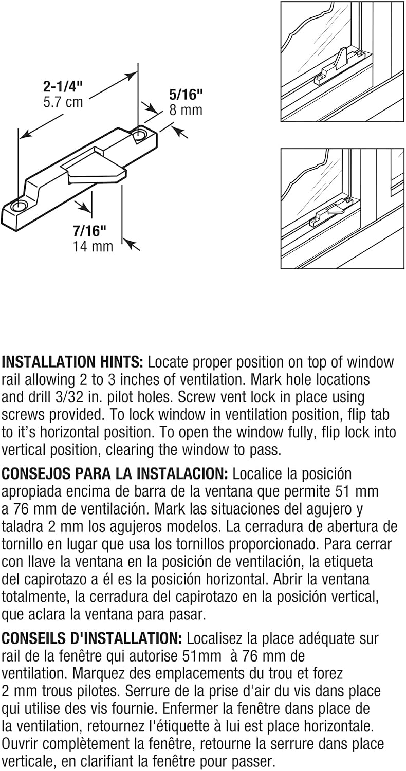 Prime-Line S 4600 Sliding Vinyl Window Vent Stop, 2-1/4 In. Hole Center Spacing (2 Pack), White