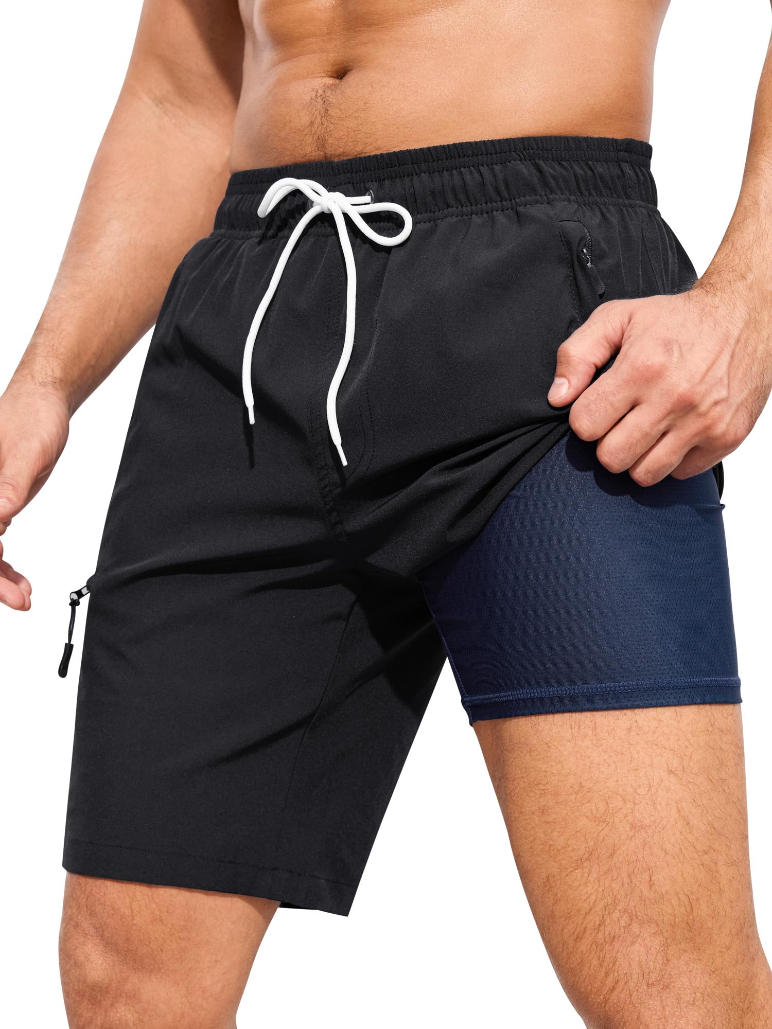 SILKWORLD Herren-Badehose mit Kompressionsfutter, schnell trocknend, 22,9 cm, für Sommer, Strand, Badeshorts mit Reißverschlusstaschen