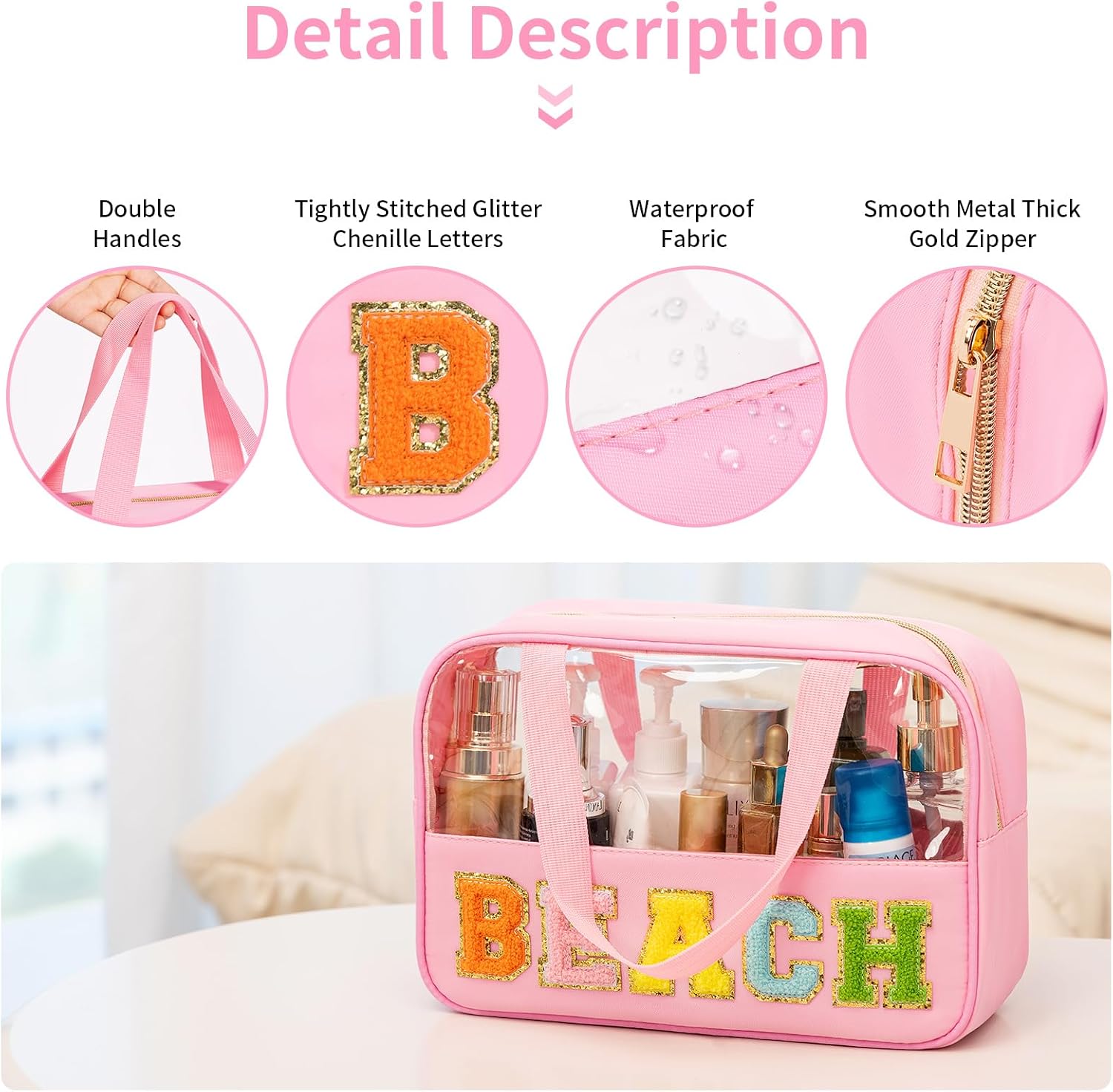 eurovicky Chenille Letter Patch Clear Makeup Bag image 3