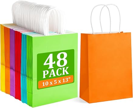 BagDream 48 قطعة 10x5x13 أكياس هدايا متنوعة ألوان قوس قزح Kraft Paper Party تفضل أكياس الهدايا مع مقابض لحفلات الزفاف ودش الأطفال وعيد الميلاد والهدايا والتسوق ومستلزمات الحفلات   